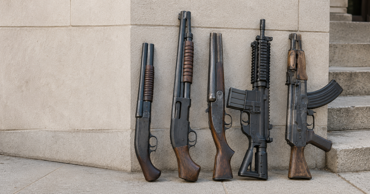 Variety of sawed-off shotguns and rifles displayed outside a courthouse-style building, illustrating Oklahoma sawed-off shotgun defense and criminal defense by The Urbanic Law Firm.