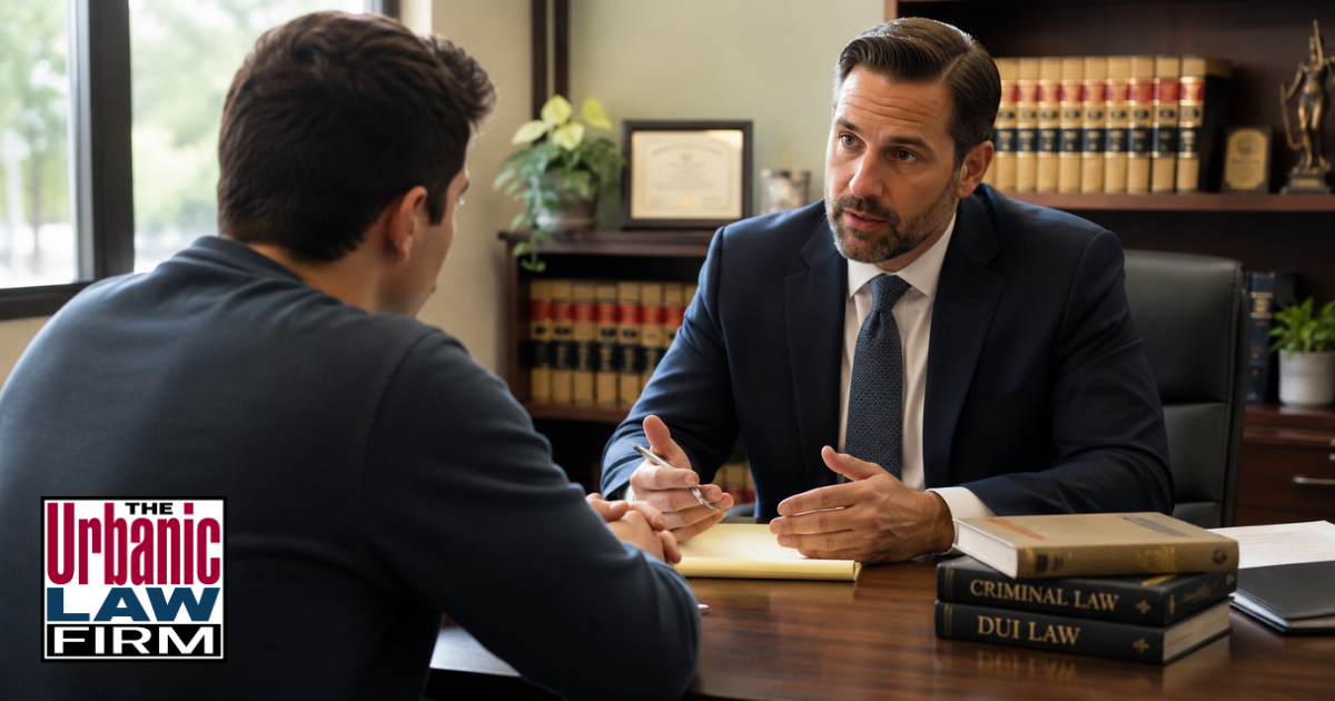 Second degree burglary defense Oklahoma image showing a criminal defense attorney meeting with a client in a law office for Oklahoma criminal defense content by The Urbanic Law Firm.