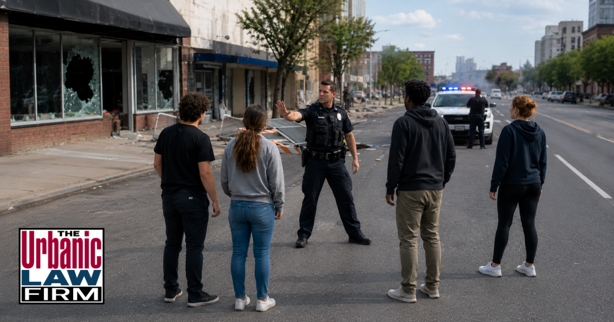 Police officer directing civilians away from a blocked street after storefront damage in an Oklahoma state emergency crimes investigation, illustrating criminal defense help from The Urbanic Law Firm.