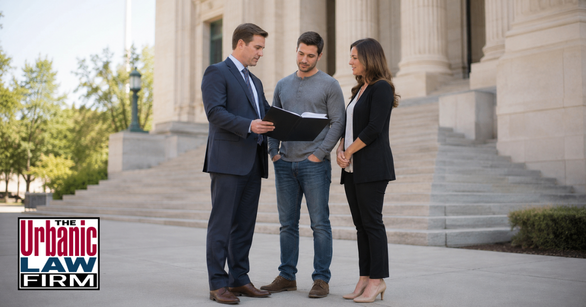 Pretrial diversion Oklahoma criminal defense scene with an attorney reviewing paperwork with a client and case manager outside a courthouse for The Urbanic Law Firm.
