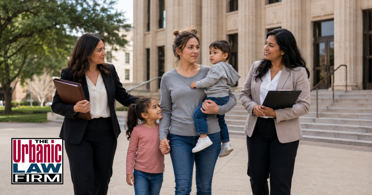 Pretrial diversion Oklahoma ReMerge criminal defense image showing attorneys supporting a mother and children outside a courthouse for The Urbanic Law Firm.