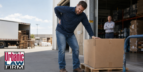 Warehouse worker suffering a workplace retaliation injury after unsafe lifting assignment, with supervisor watching in background, for Cohen & Cohen personal injury lawyers in Alexandria, Virginia.