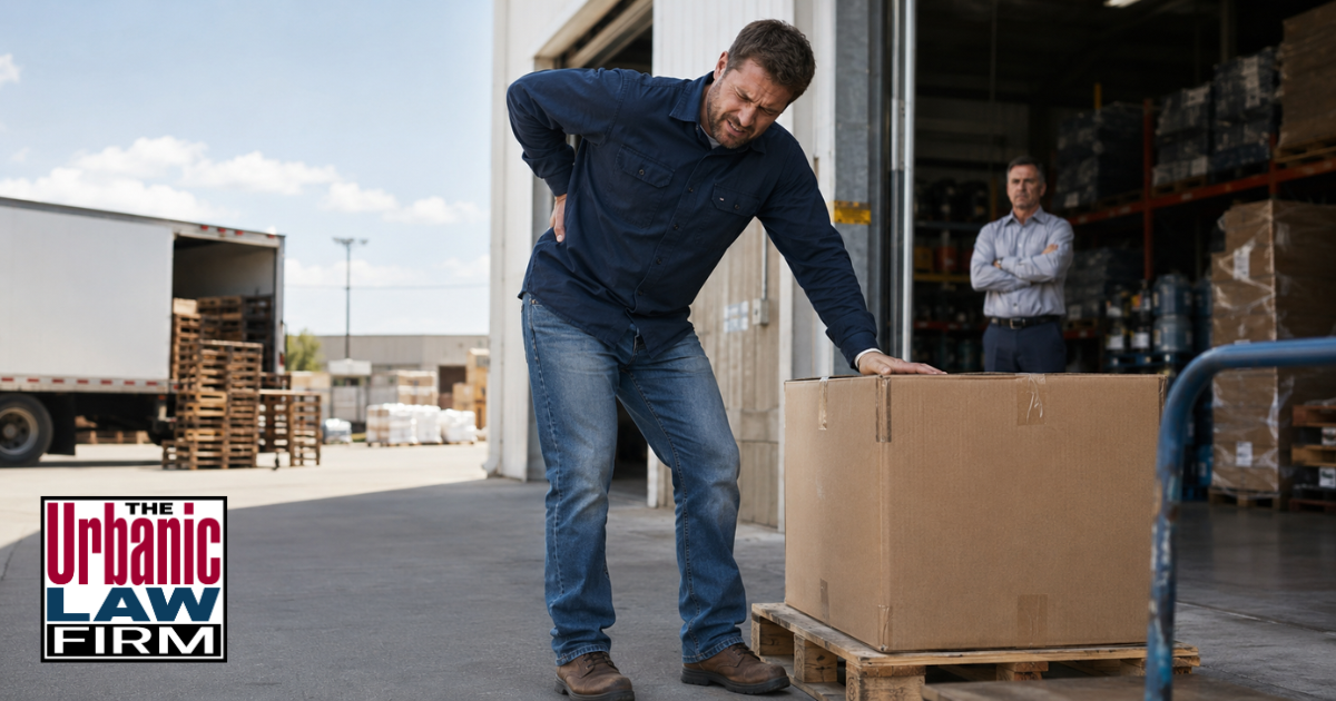 Warehouse worker suffering a workplace retaliation injury after unsafe lifting assignment, with supervisor watching in background, for Cohen & Cohen personal injury lawyers in Alexandria, Virginia.