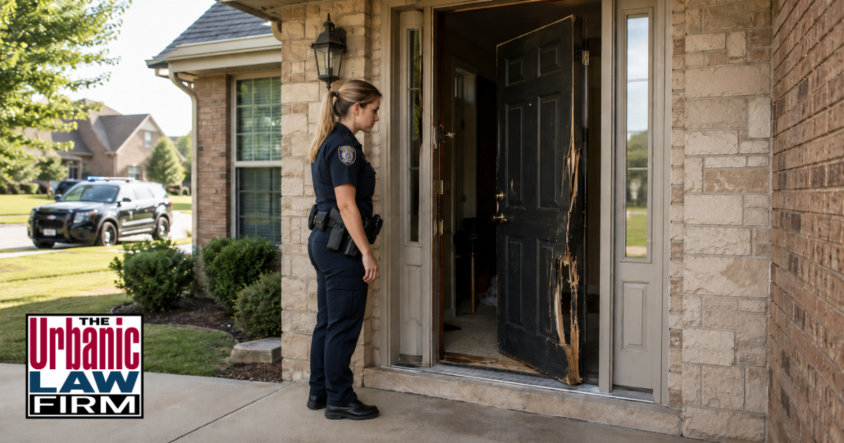 Female police officer examining a damaged home entrance during an Oklahoma first degree burglary investigation, representing Oklahoma criminal defense by The Urbanic Law Firm.