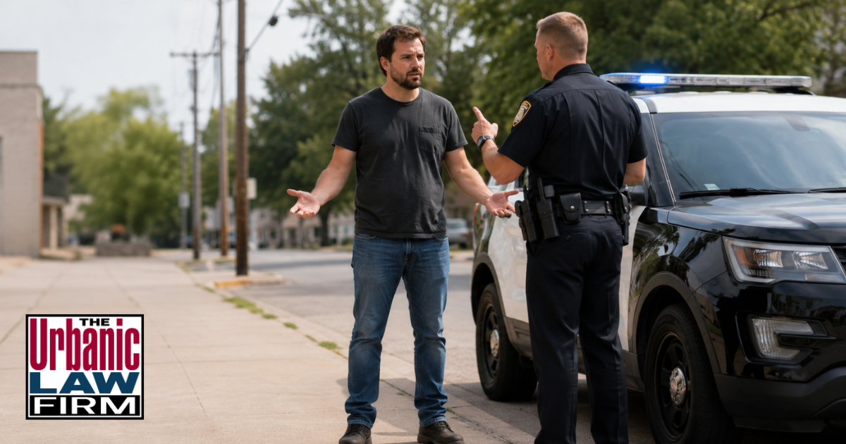 Daytime image of a man speaking with a police officer beside a patrol SUV, representing Oklahoma obstructing officer defense and Oklahoma criminal defense by The Urbanic Law Firm.