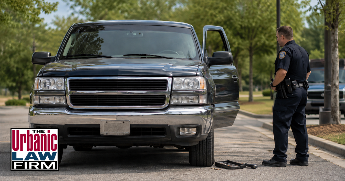 Police officer examining a pickup truck and tools in an Oklahoma third degree burglary investigation, representing Oklahoma criminal defense by The Urbanic Law Firm.