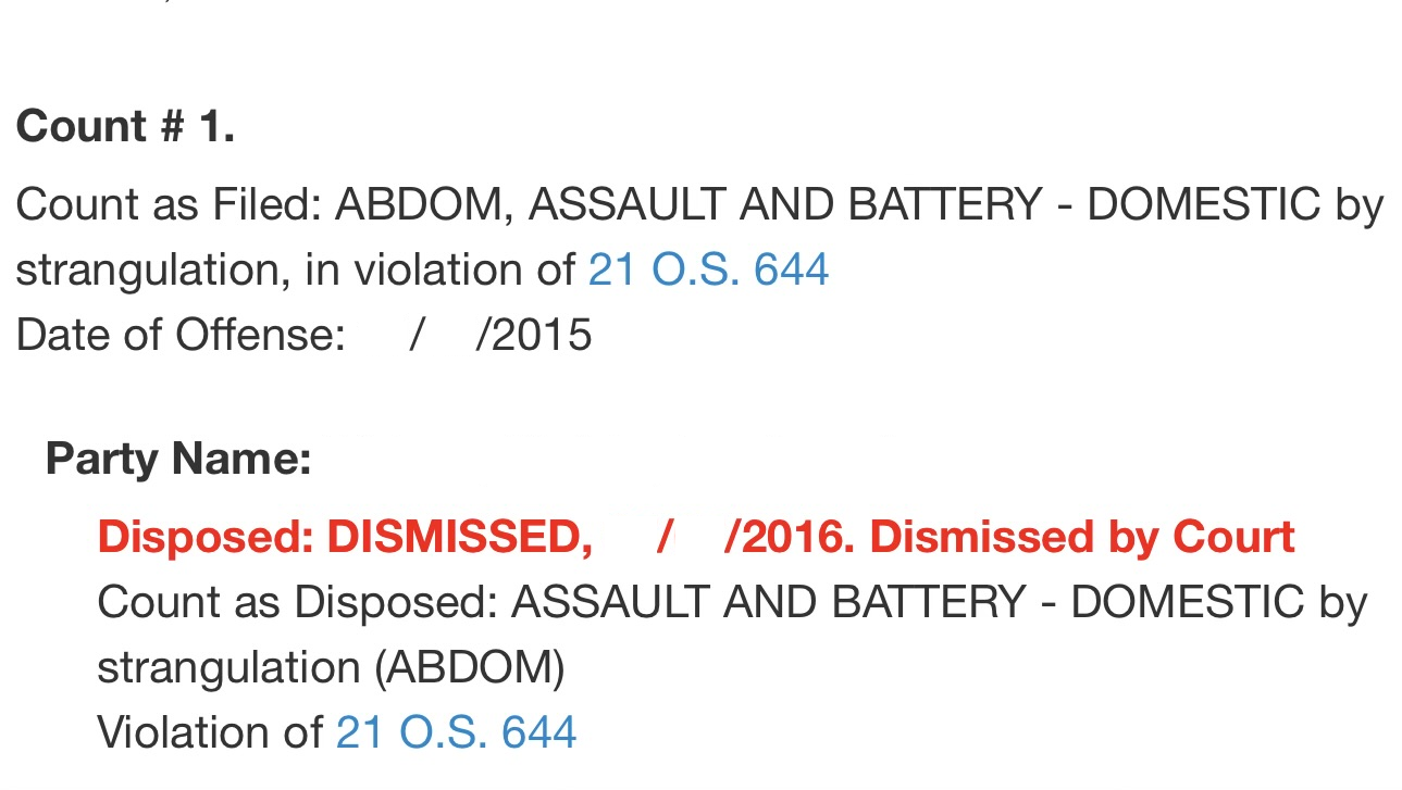 Cleveland County domestic violence case result showing dismissal of a domestic assault and battery by strangulation charge