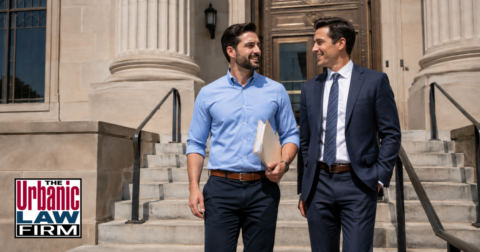Satisfied client with his attorney outside a courthouse after a Cleveland County domestic violence case, representing Oklahoma criminal defense by The Urbanic Law Firm.