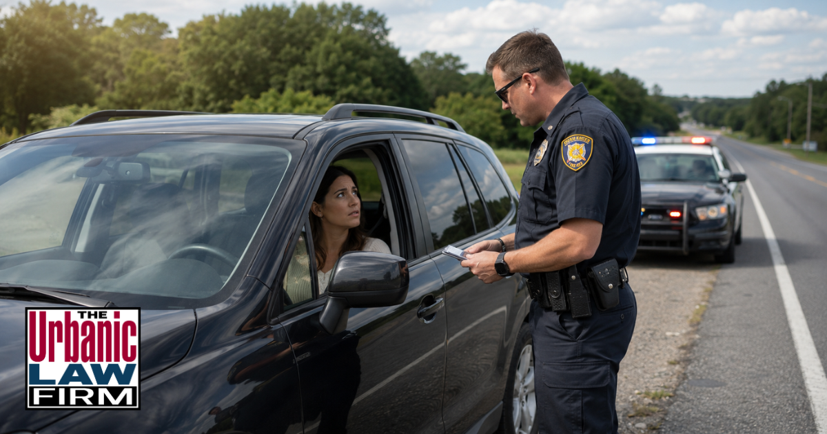 Police officer speaking with a woman driver during a roadside traffic stop, representing Cleveland County DUI Lawyers and Oklahoma criminal defense by The Urbanic Law Firm.