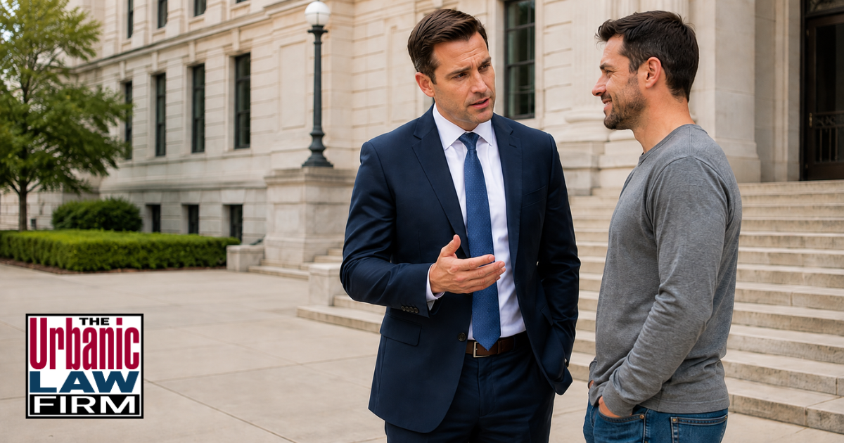 Canadian County domestic violence lawyers providing Oklahoma criminal defense through The Urbanic Law Firm outside a courthouse with a satisfied client.