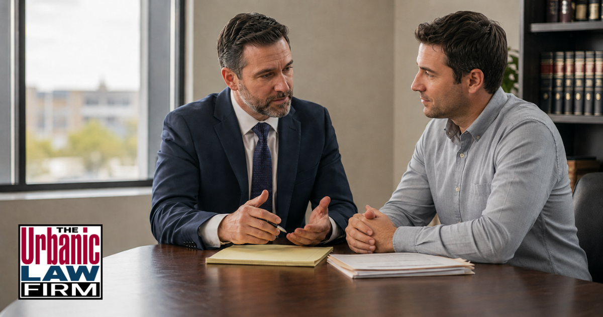 Attorney meeting with a client in a law office about child endangerment sexual abuse Oklahoma charges, illustrating Oklahoma criminal defense representation by The Urbanic Law Firm.