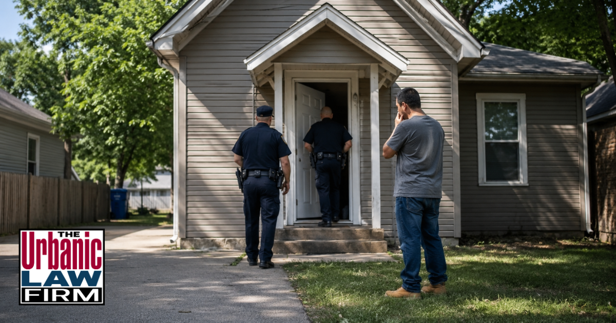 Police officers entering an Oklahoma home during a drug house investigation, representing Oklahoma drug house defense and criminal defense by The Urbanic Law Firm.