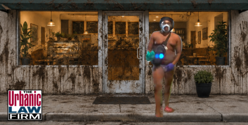 Oklahoma property damage scene showing a Tulsa storefront smeared with waste, illustrating criminal defense issues analyzed by The Urbanic Law Firm.