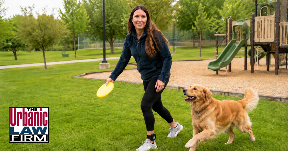 Woman on Oklahoma SB 137 electronic monitoring playing with a golden retriever in a park, illustrating Oklahoma criminal defense issues analyzed by The Urbanic Law Firm.