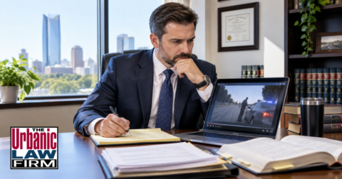 ARIDE Oklahoma DUI defense image showing a criminal-defense attorney at The Urbanic Law Firm reviewing police video evidence and case notes in an Oklahoma City office.