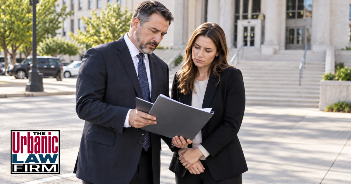Attorney and client reviewing case documents outside a courthouse, representing DUI causing death in Oklahoma criminal defense by The Urbanic Law Firm.