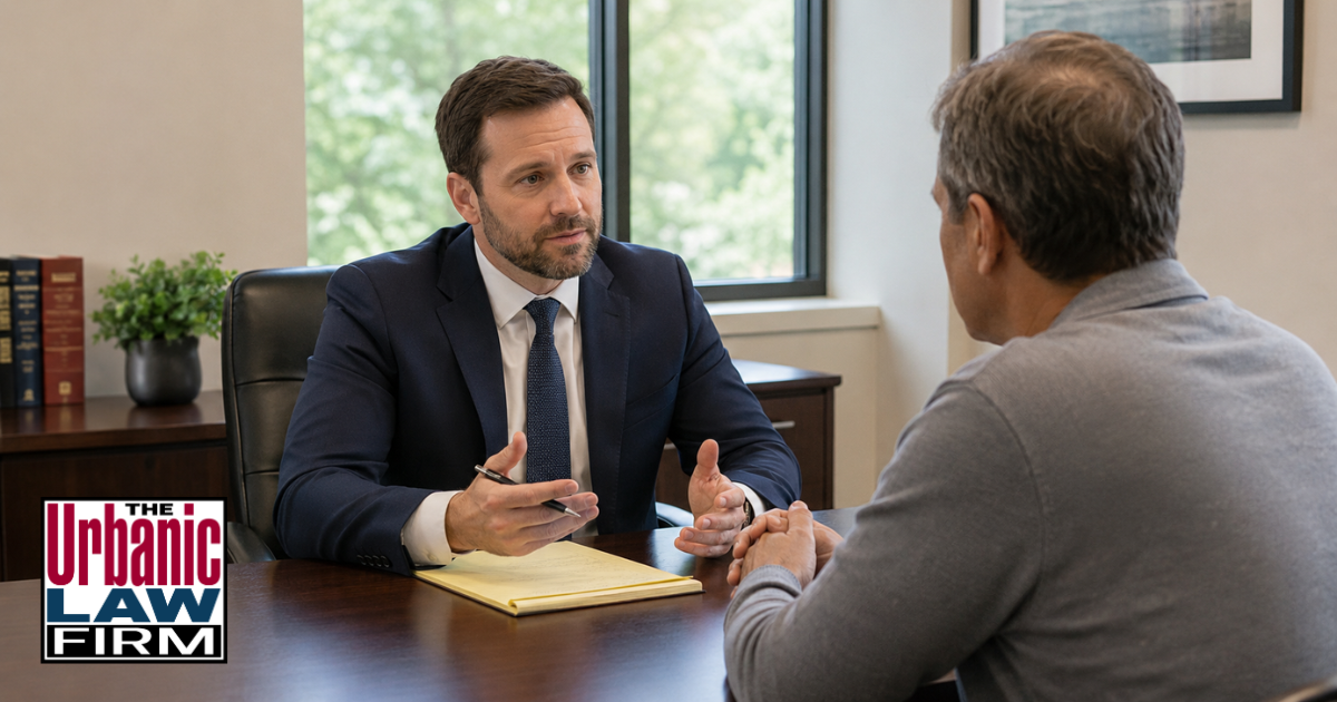 Oklahoma caretaker sexual abuse defense consultation with a criminal defense attorney at The Urbanic Law Firm, showing a lawyer meeting with a client in a professional office.