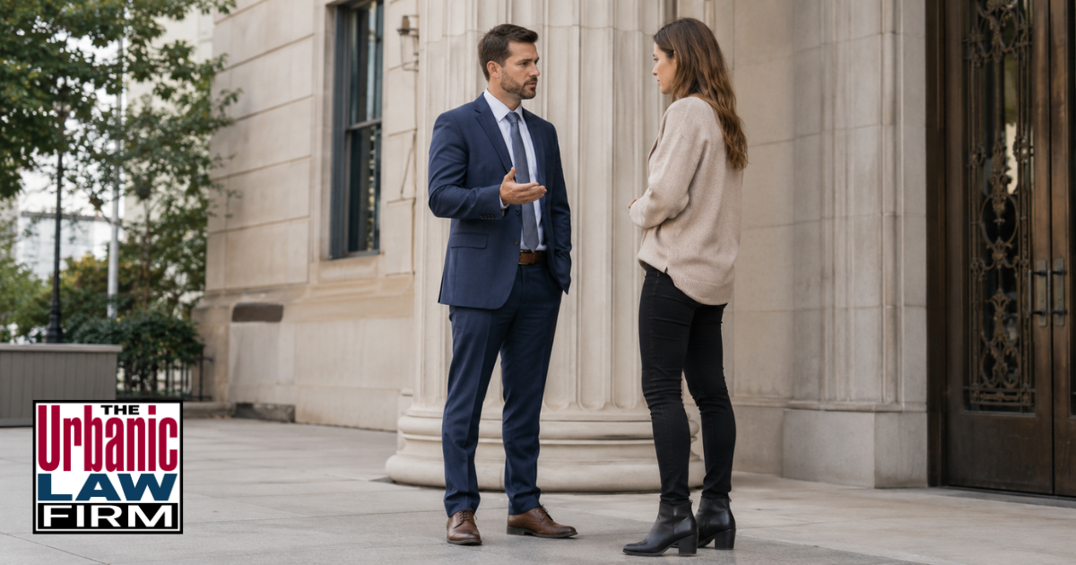 Attorney speaking with a client outside a courthouse in a daytime setting, representing Oklahoma contributing to delinquency defense and Oklahoma criminal defense by The Urbanic Law Firm.