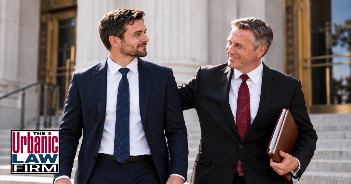 Oklahoma first degree murder criminal defense attorney and client smiling outside a courthouse after a successful trial, representing The Urbanic Law Firm.
