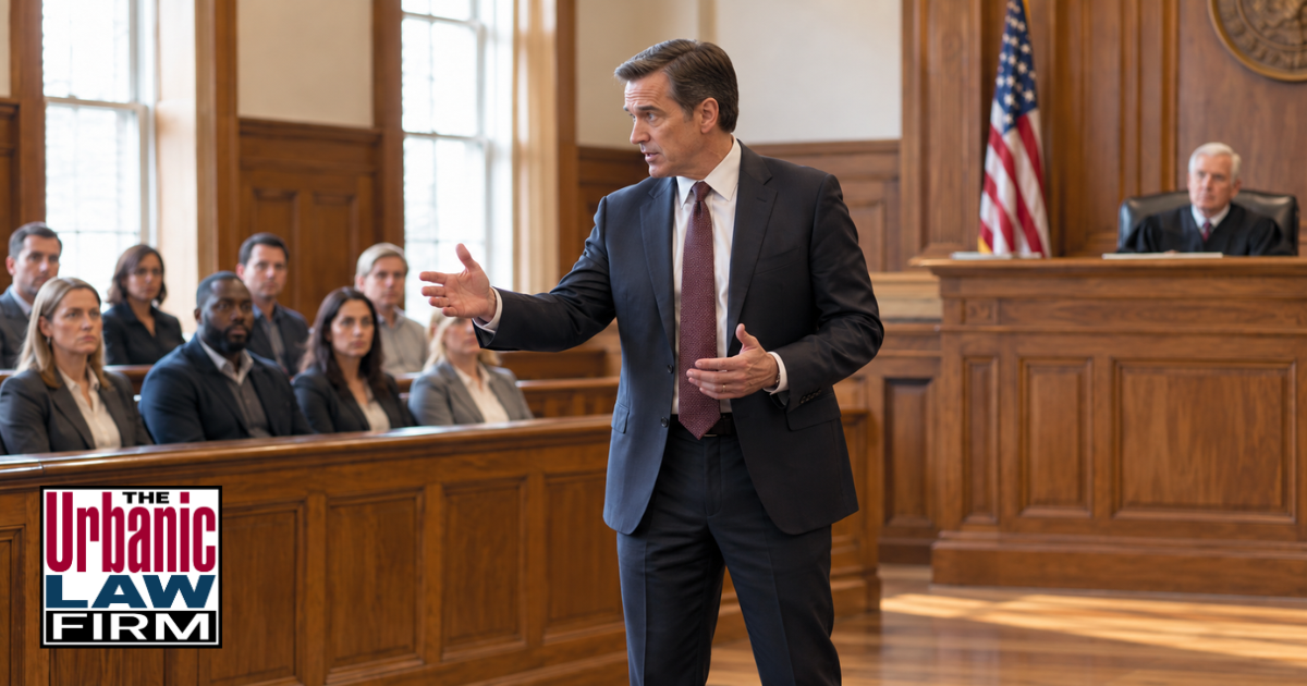1. Attorney making a closing argument to a jury for Oklahoma procuring minor obscene material criminal defense by The Urbanic Law Firm.
