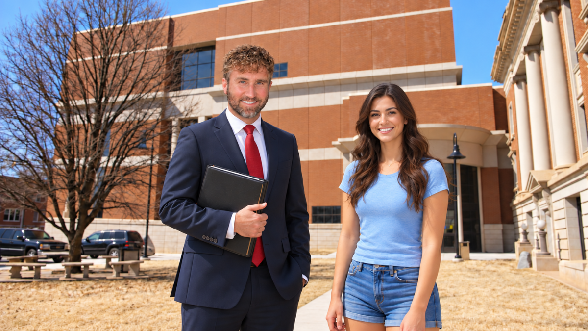 Payne County DUI lawyer Ky Corley of The Urbanic Law Firm standing with a client outside an Oklahoma courthouse.