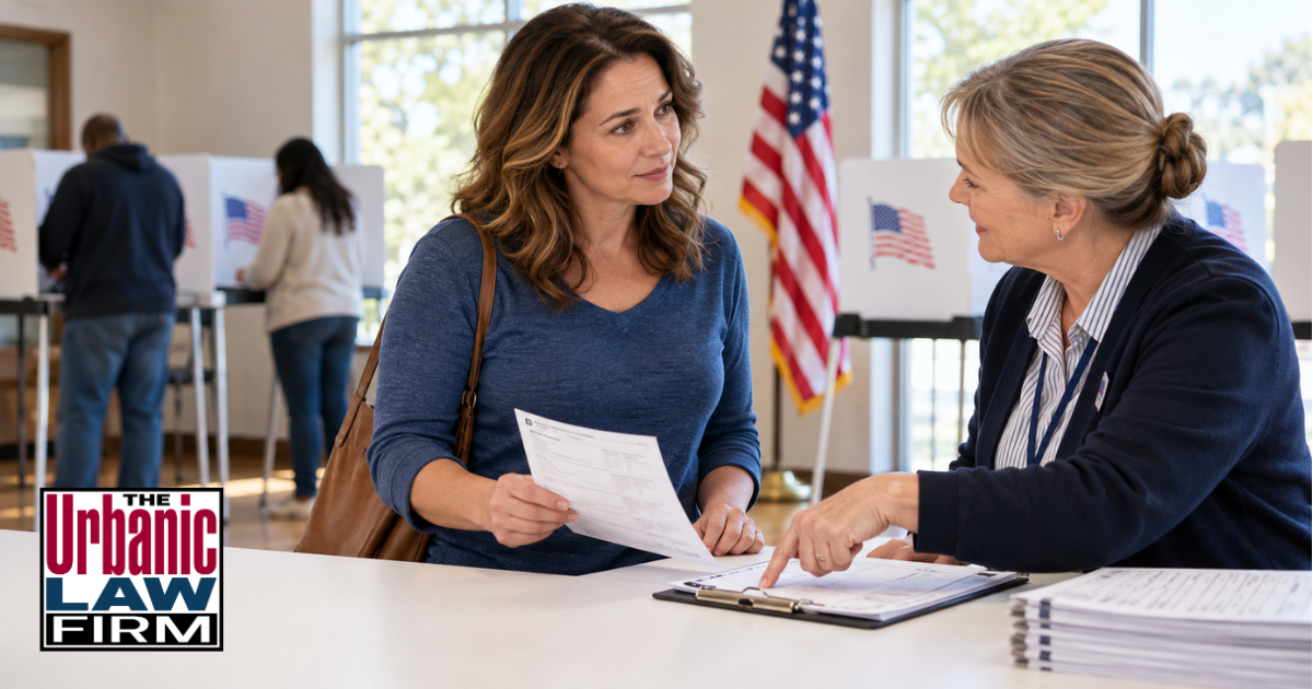 Woman discussing voter eligibility with a polling worker, illustrating Oklahoma illegal voting cases and criminal defense by The Urbanic Law Firm.