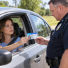 Driver showing her medical marijuana card to an officer during a traffic stop, illustrating Oklahoma DUI criminal defense by The Urbanic Law Firm.