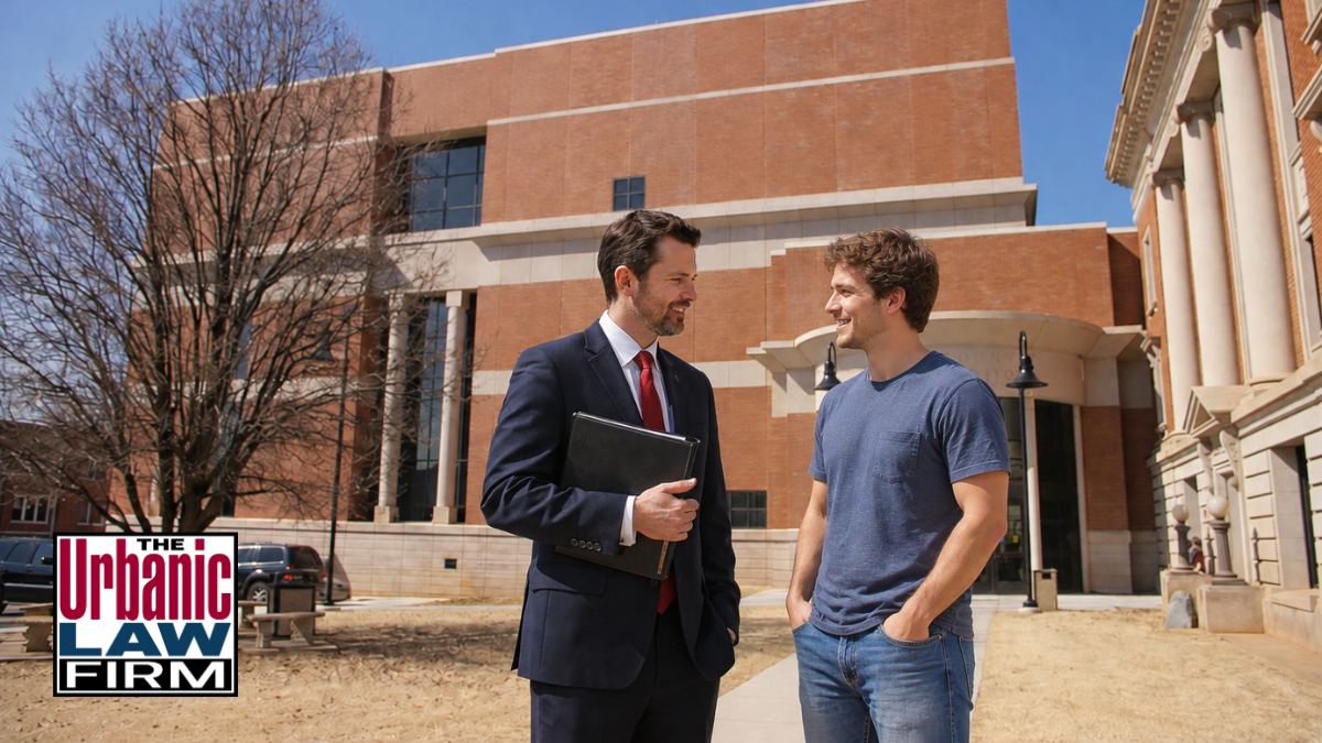 Attorney speaking with a male client outside the Payne County courthouse, illustrating Oklahoma criminal defense for domestic violence cases by The Urbanic Law Firm.